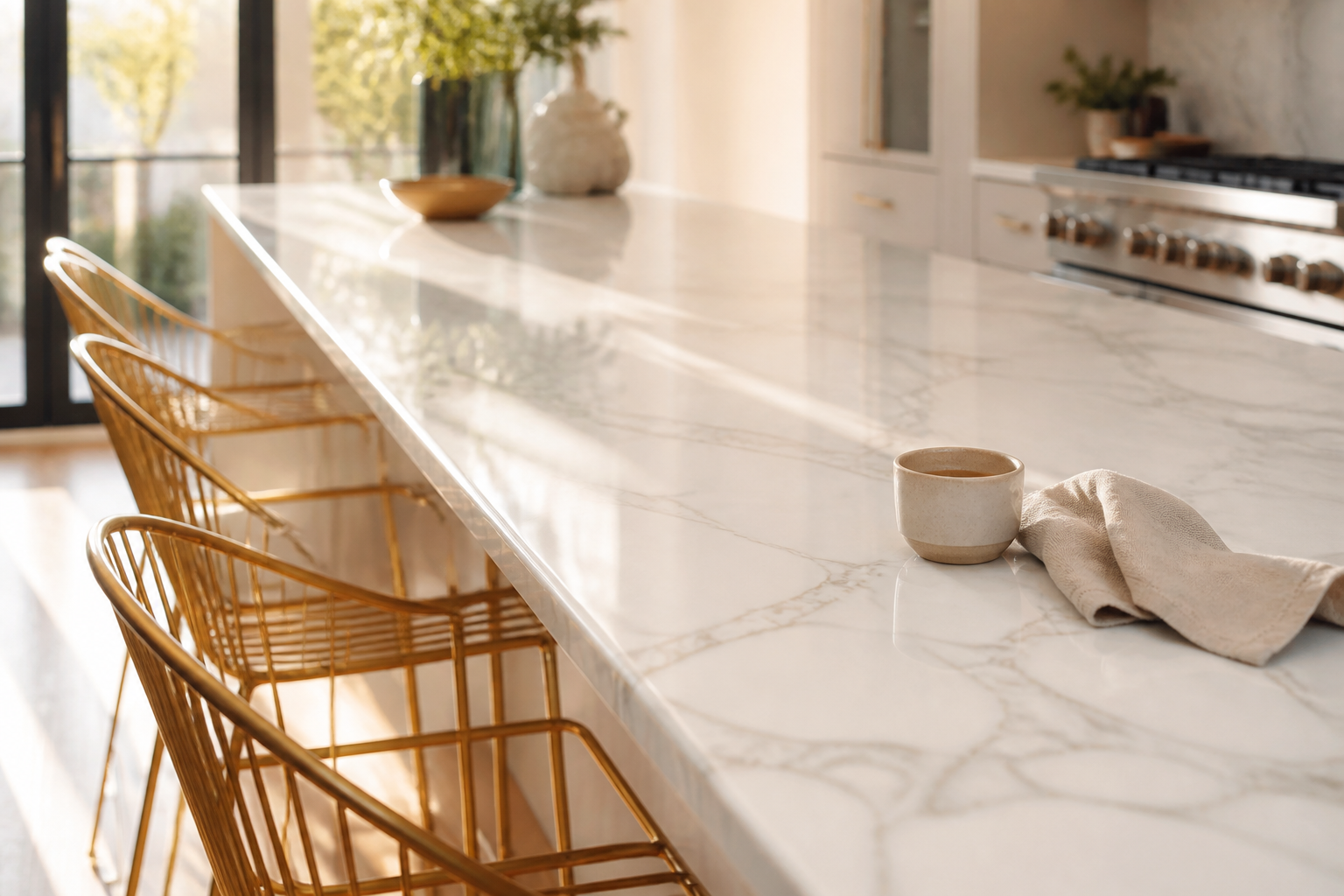 Sunlit marble breakfast bar with gold stools