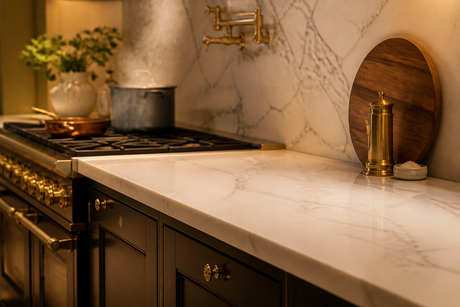 Luxury range beside an immaculate protected marble countertop