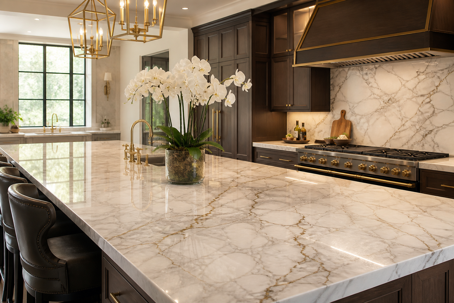 Luxury kitchen with a vast Calacatta marble island