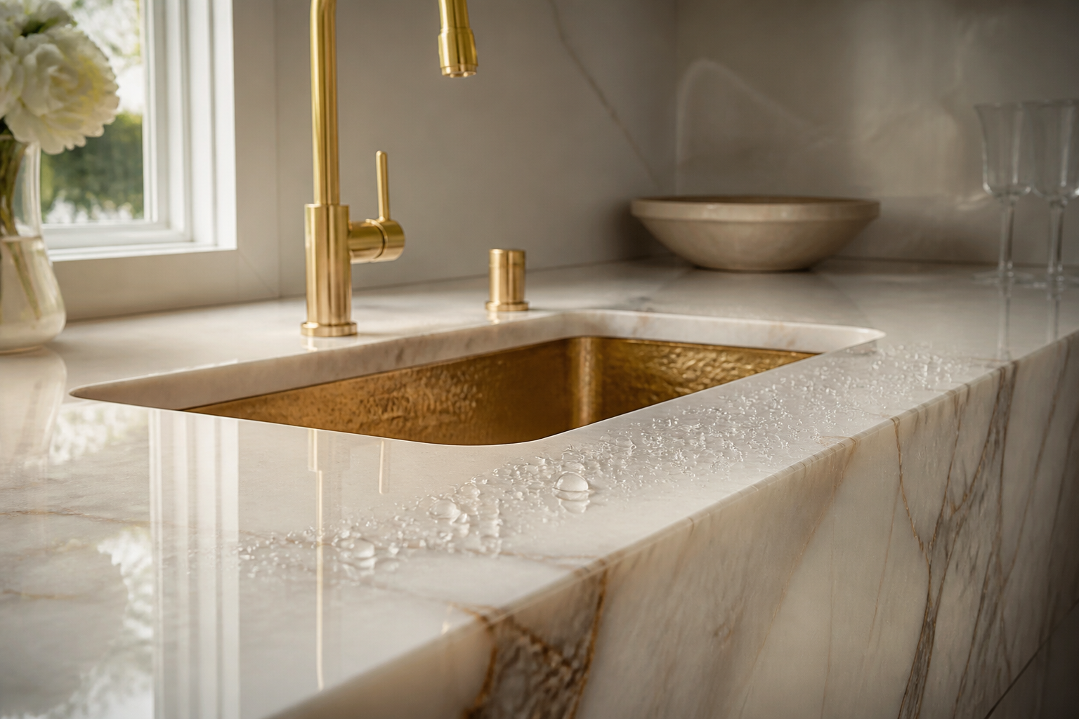 Water beading on a hydrophobic marble countertop beside a gold faucet
