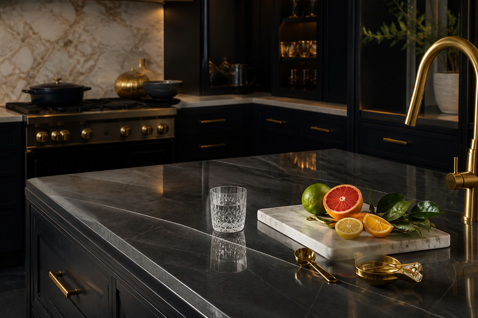 Dark luxury kitchen island with quartz surface and brass tools