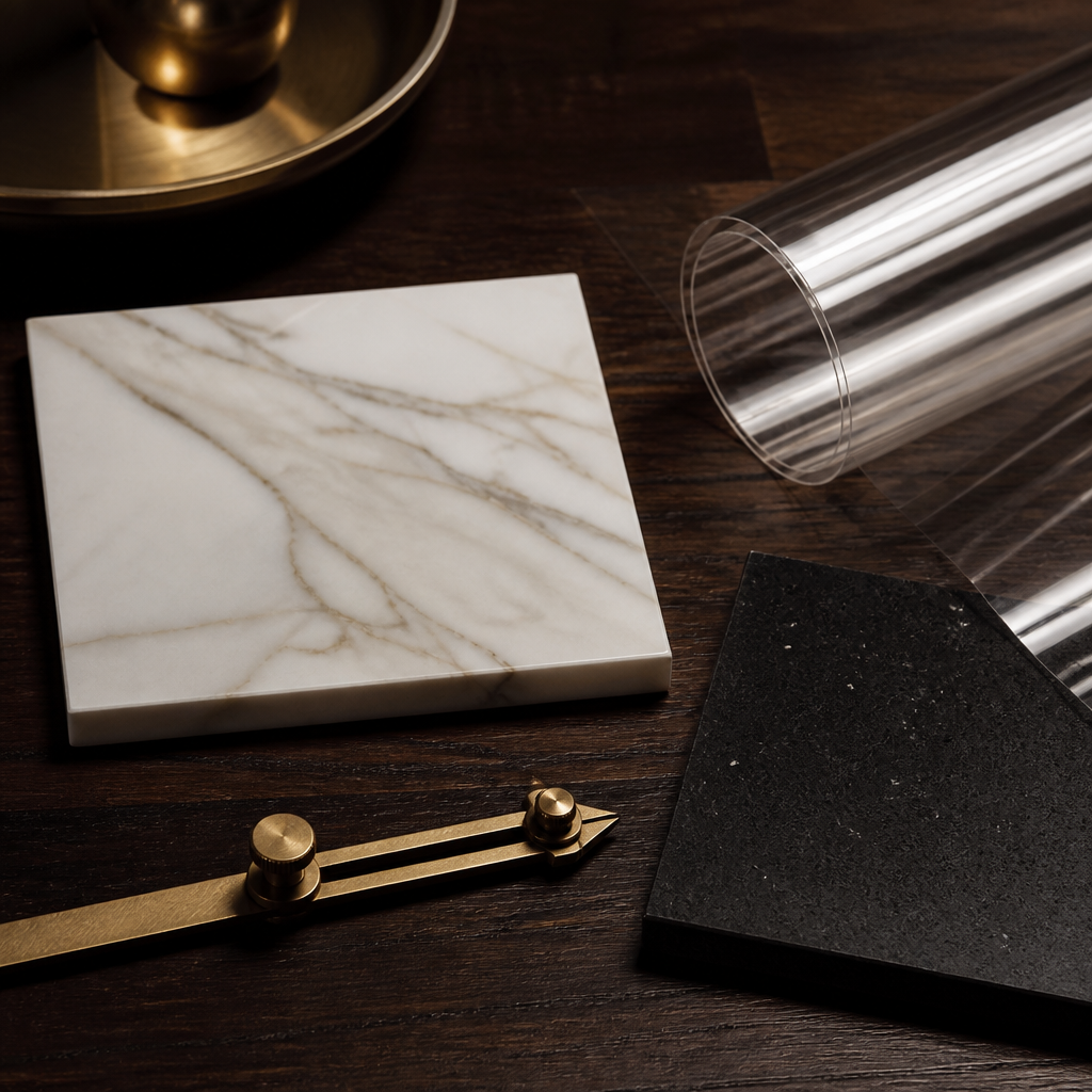 Marble, quartz samples and a roll of clear protection film