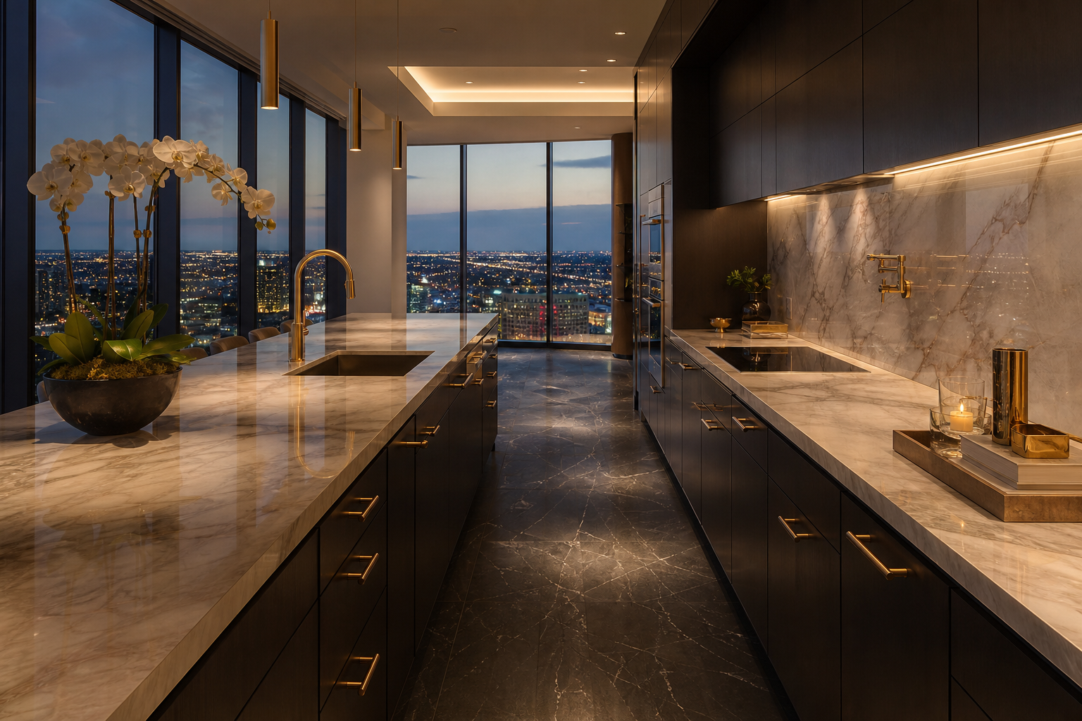 Penthouse kitchen at dusk with a long protected marble counter