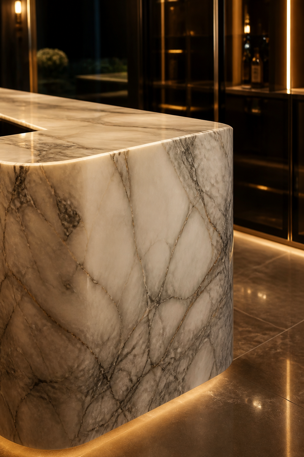 Waterfall marble island edge in a luxury kitchen